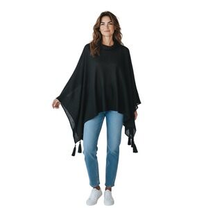 Johnny Was Calme Black 100% Organic Linen Tassel Knit Poncho Sweater Womens XS/S